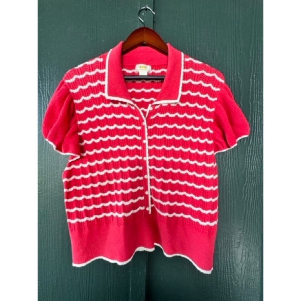 Maeve Anthropologie pink White Wavy Button Front Sweater short Sleeve top XL